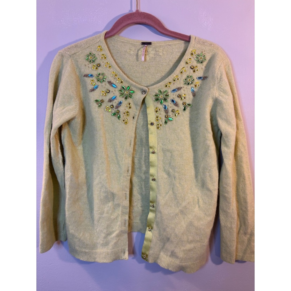 VTG Free People Chartreuse Jeweled Beaded Cardigan Sweater M Angora